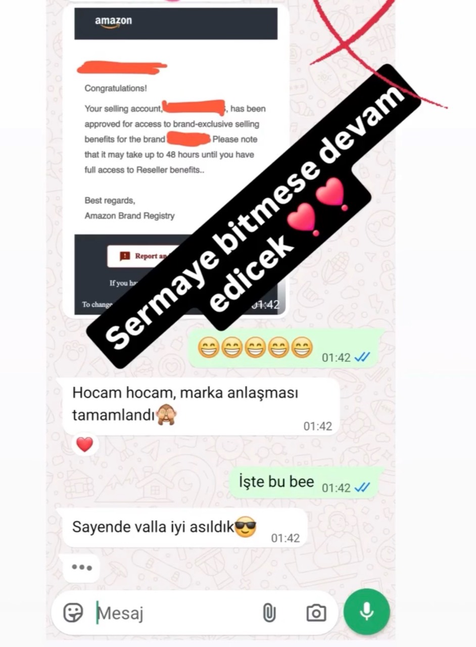 Marka anlaşmasının tamamlandığını bildiren öğrenci mesajı ve Amazon onayı