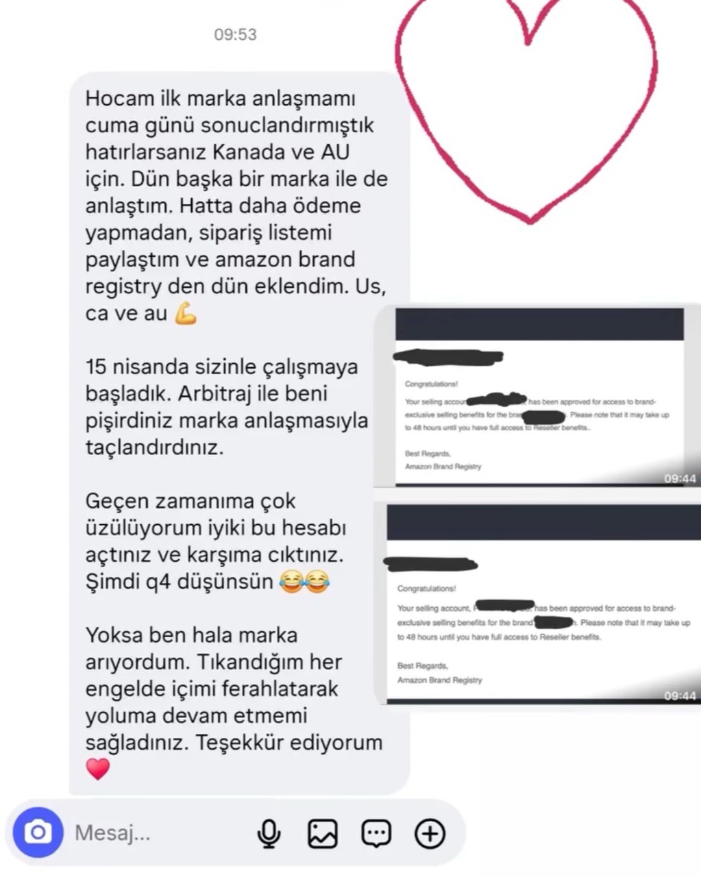 Bir öğrencinin marka anlaşmalarıyla ilgili Yeşim Hanım'a gönderdiği teşekkür mesajı